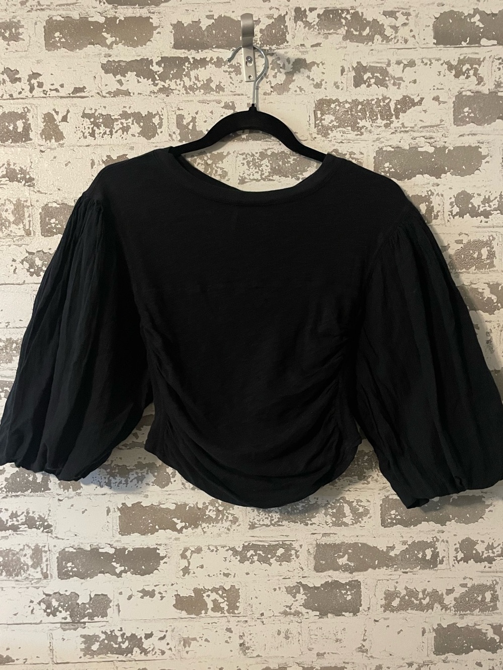 Free People Black Ruched Balloon Sleeve Top XL Cotton Boho Minimalist